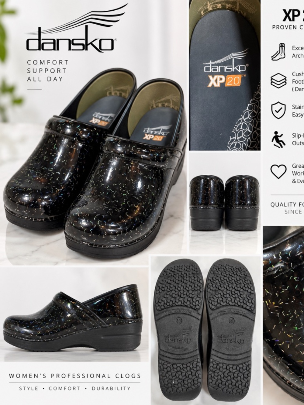 Dansko XP 2.0 Clogs Size 39 Black Patent Glitter Sparkle Professional Shoes